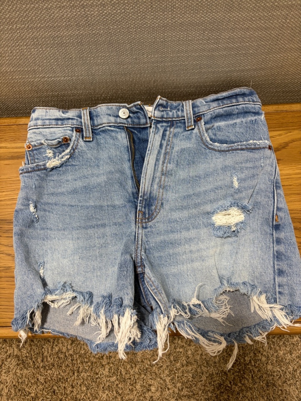 Abercrombie & Fitch Light Blue High-waisted Distressed Denim Shorts